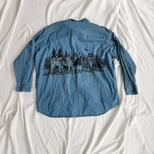 90s/Y2K AOP Denim Wolf Shirt