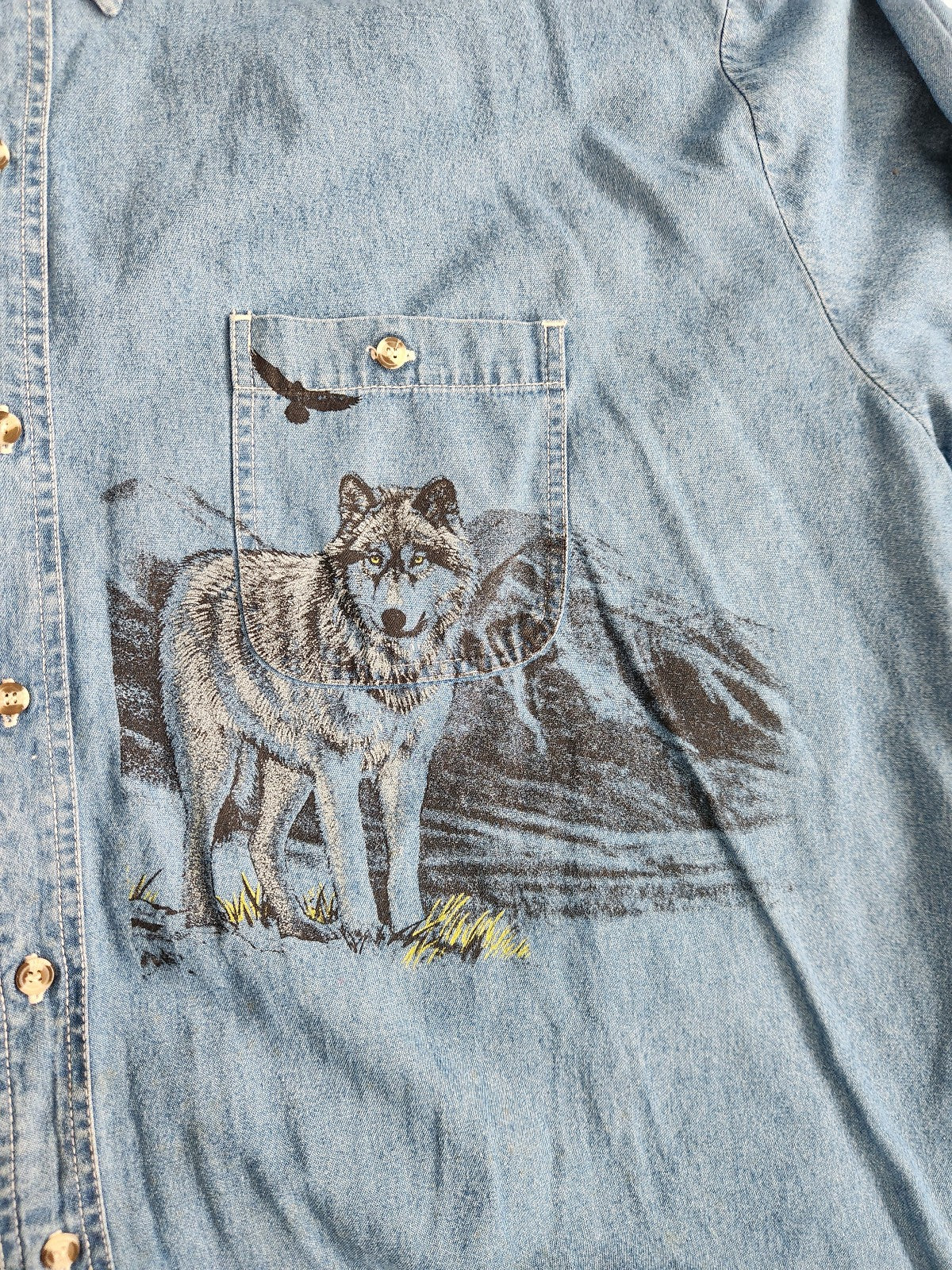 90s/Y2K AOP Denim Wolf Shirt