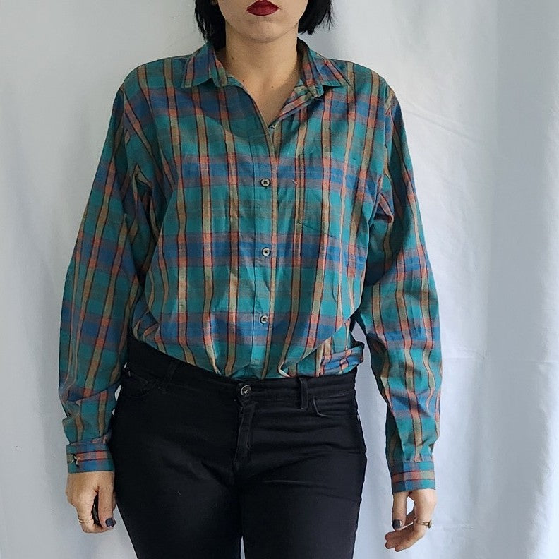 80s Teal Plaid Button Down Shirt