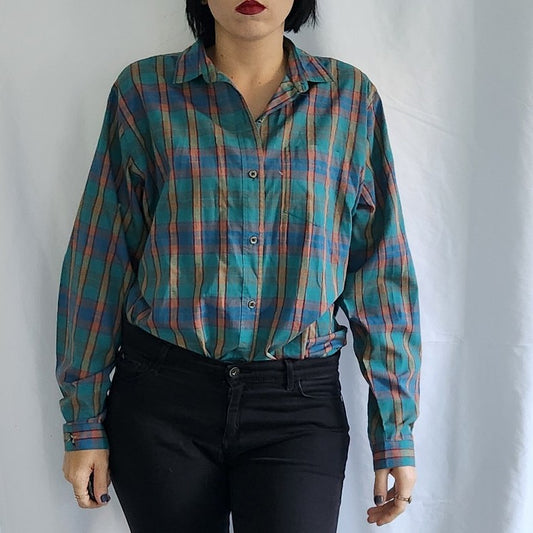 80s Teal Plaid Button Down Shirt