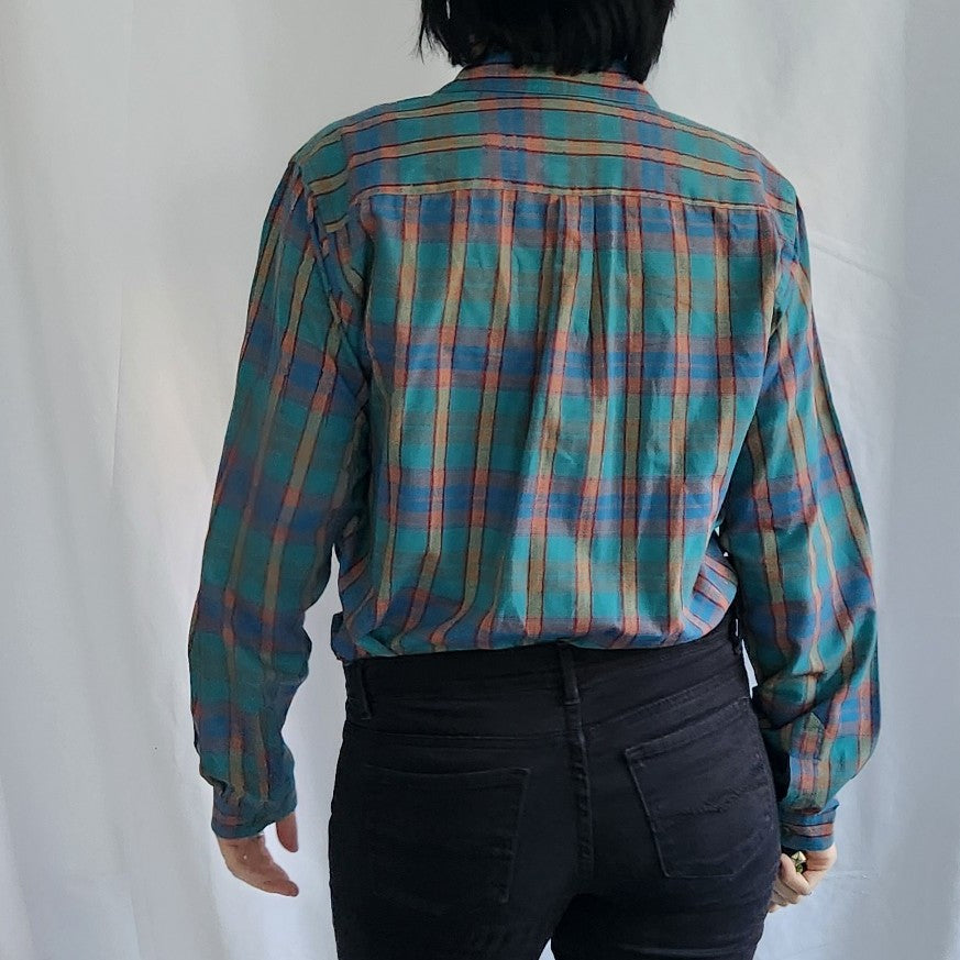 80s Teal Plaid Button Down Shirt