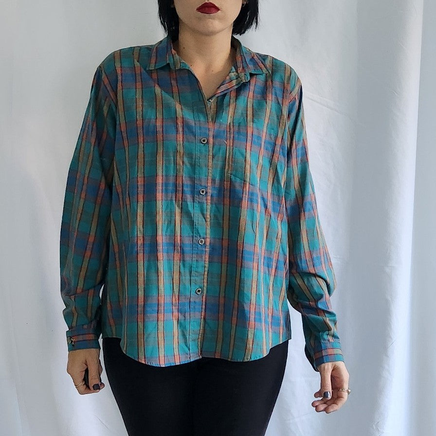 80s Teal Plaid Button Down Shirt