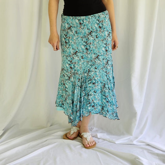 Y2K Blue and Brown Floaty Rayon Midi Skirt