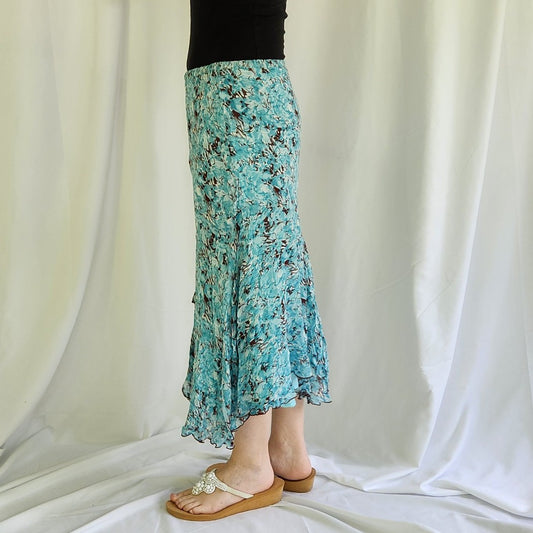 Y2K Blue and Brown Floaty Rayon Midi Skirt