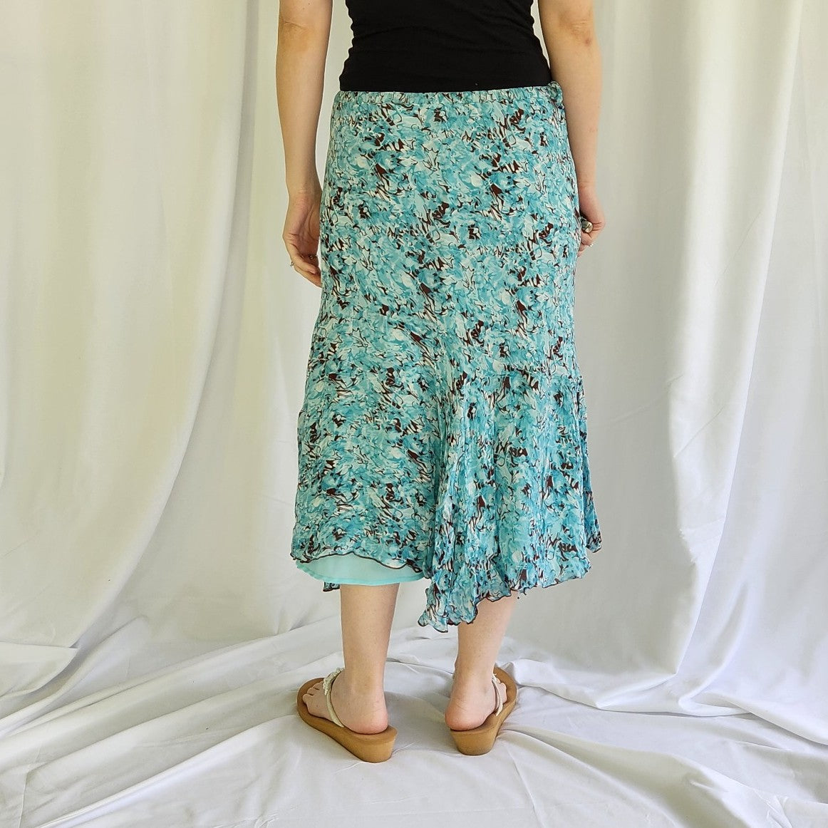 Y2K Blue and Brown Floaty Rayon Midi Skirt
