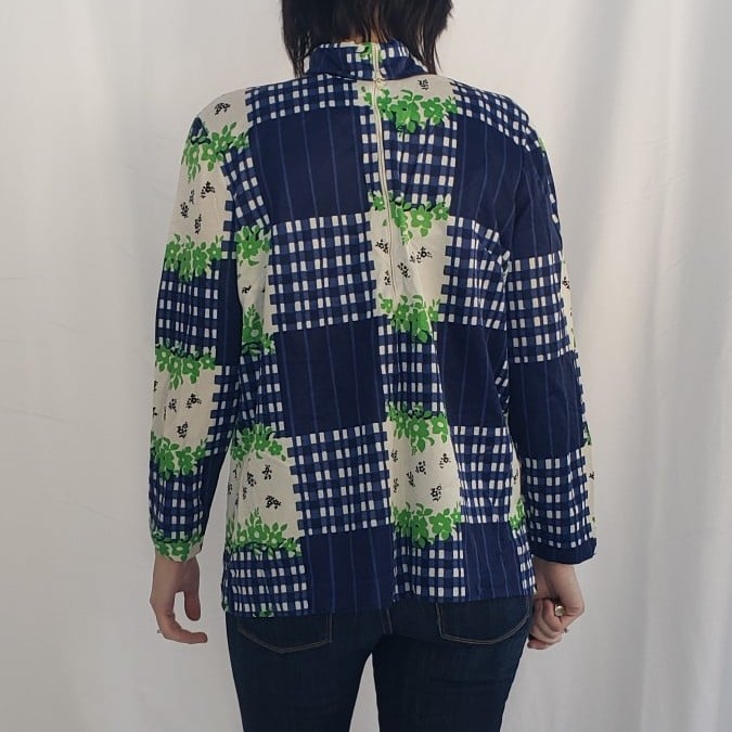 70s Handmade Blue and White Plaid Top