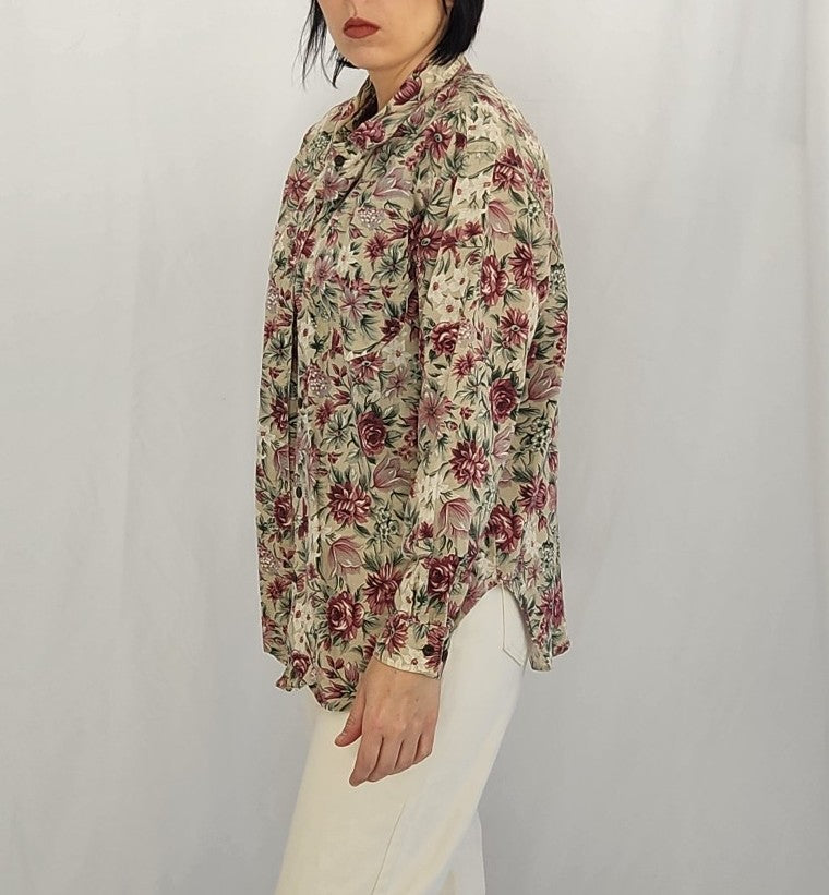 90s Tan and Pink Floral Button Down