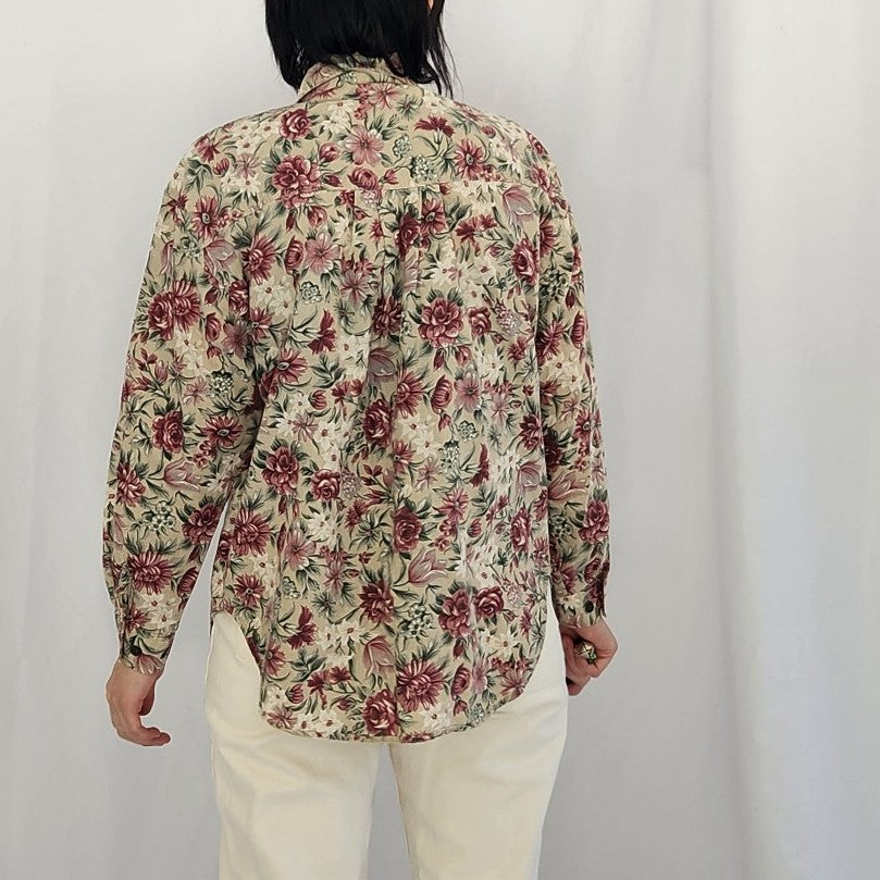 90s Tan and Pink Floral Button Down