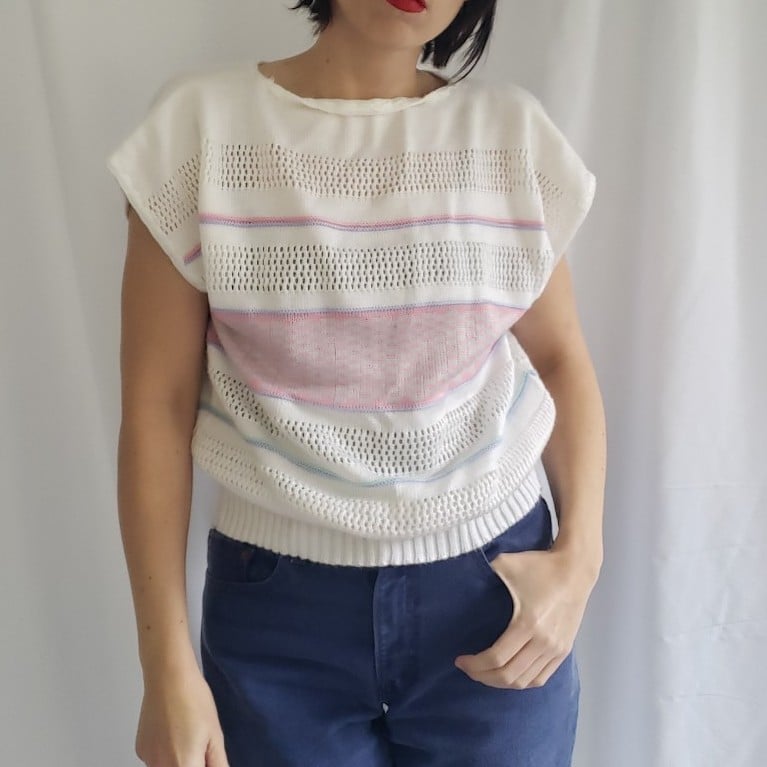 80s White, Pink, and Purple Striped Sleeveless Sweater