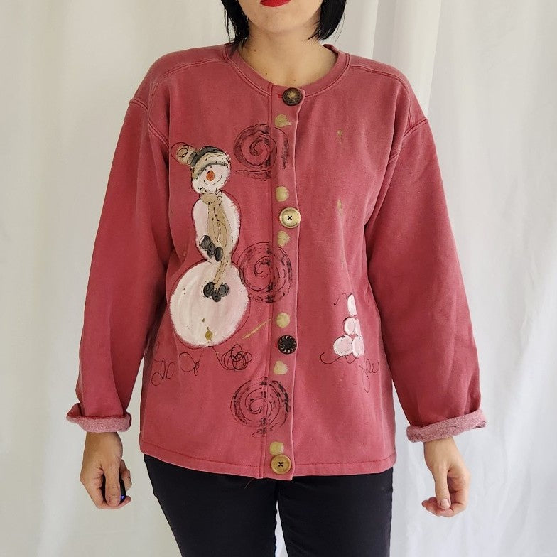 90s/00s Hand Painted Snowman Sweatshirt Cardigan