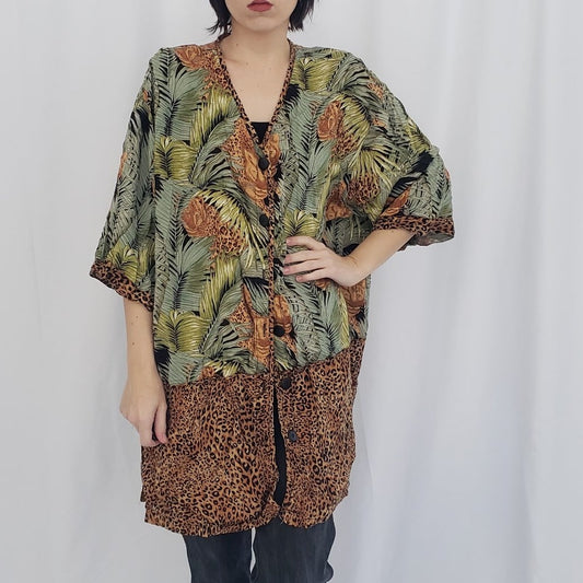 90s Jungle Print Rayon Button Down Blouse