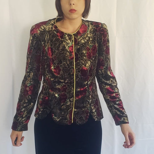 90s Gold and Red Floral Velvet Jacket