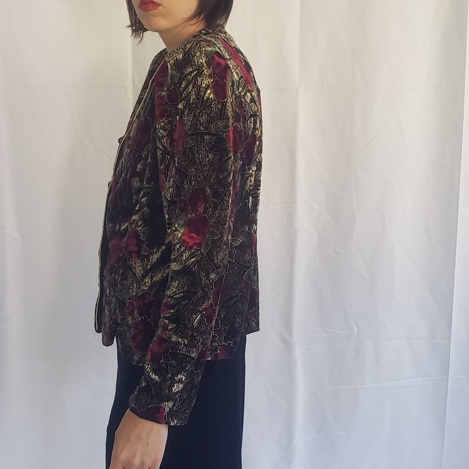 90s Gold and Red Floral Velvet Jacket