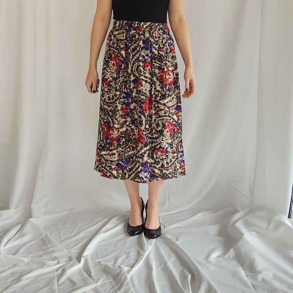 90s Floral Rayon Midi Skirt