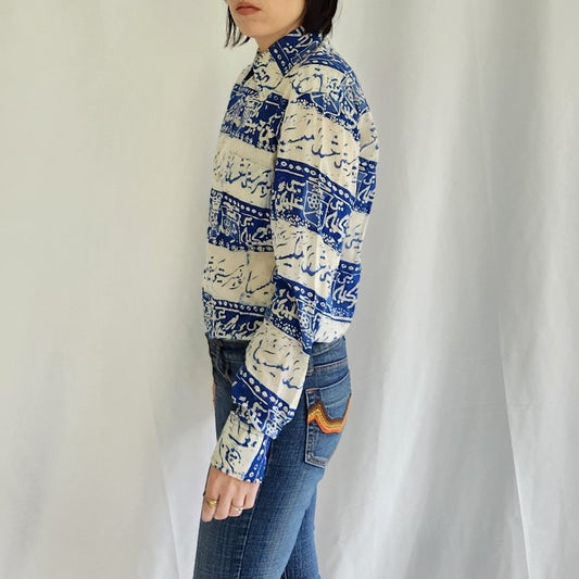 70s Blue and White Batik Print Button Down Shirt