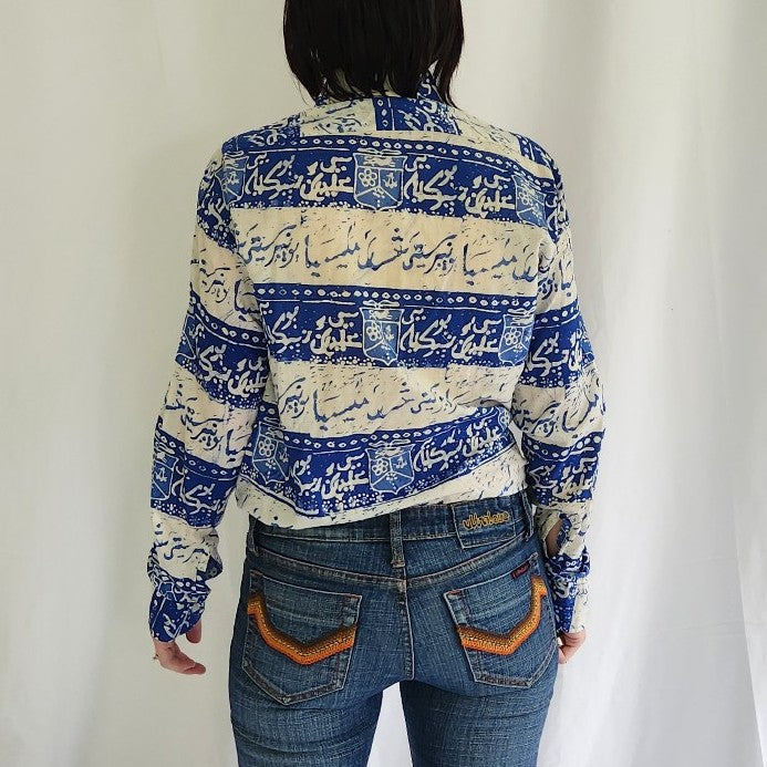 70s Blue and White Batik Print Button Down Shirt