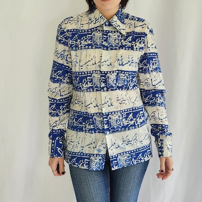 70s Blue and White Batik Print Button Down Shirt