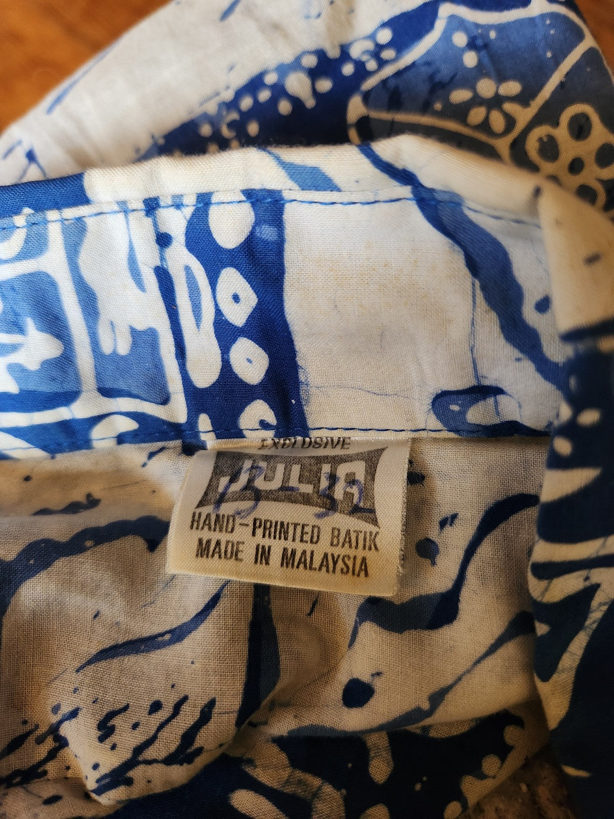 70s Blue and White Batik Print Button Down Shirt