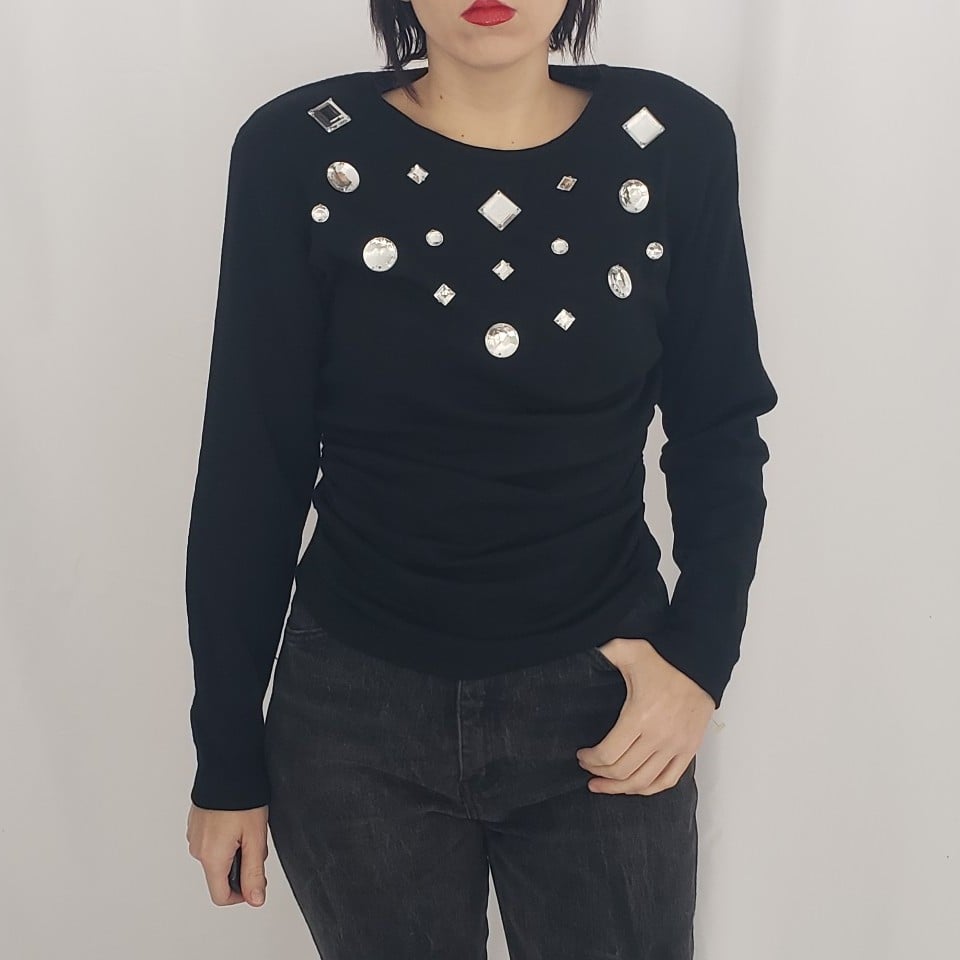 80s Black Wool Sweater with Chunky Gems