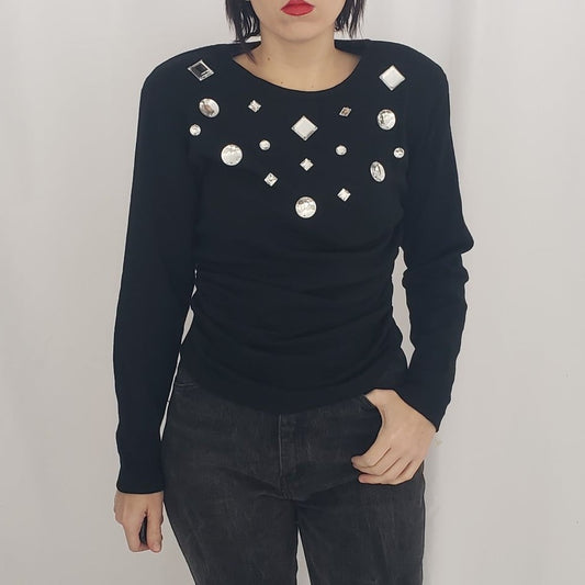 80s Black Wool Sweater with Chunky Gems