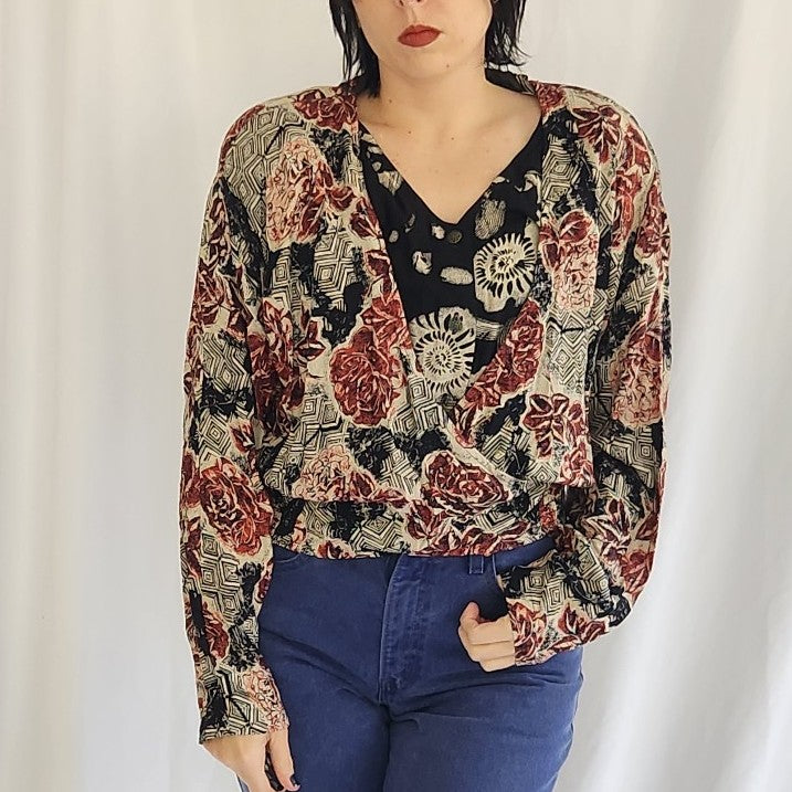 90s Funky Rayon Rose Print Wrap Style Top