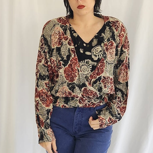 90s Funky Rayon Rose Print Wrap Style Top