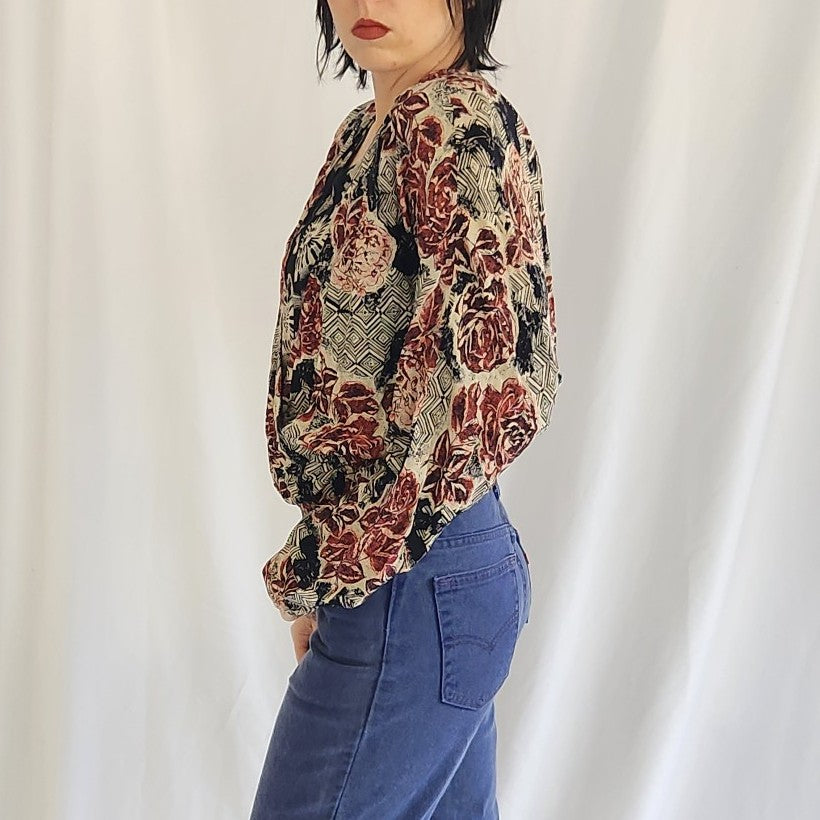 90s Funky Rayon Rose Print Wrap Style Top