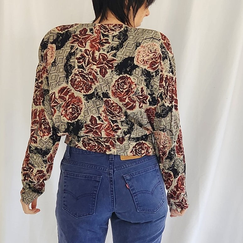 90s Funky Rayon Rose Print Wrap Style Top
