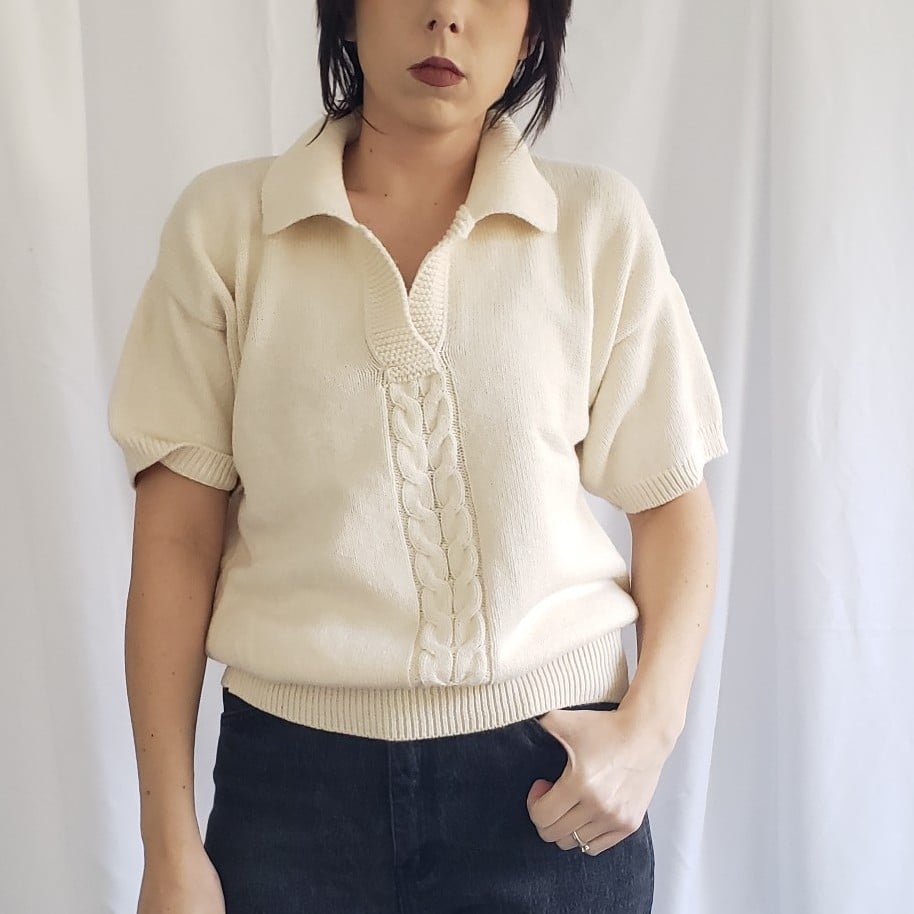 80s/90s Cream Cotton Collared Short Sleeve Sweater