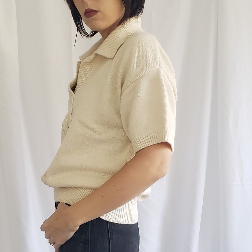 80s/90s Cream Cotton Collared Short Sleeve Sweater