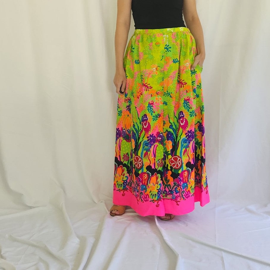 60s/70s Neon Flower Power Maxi Skirt