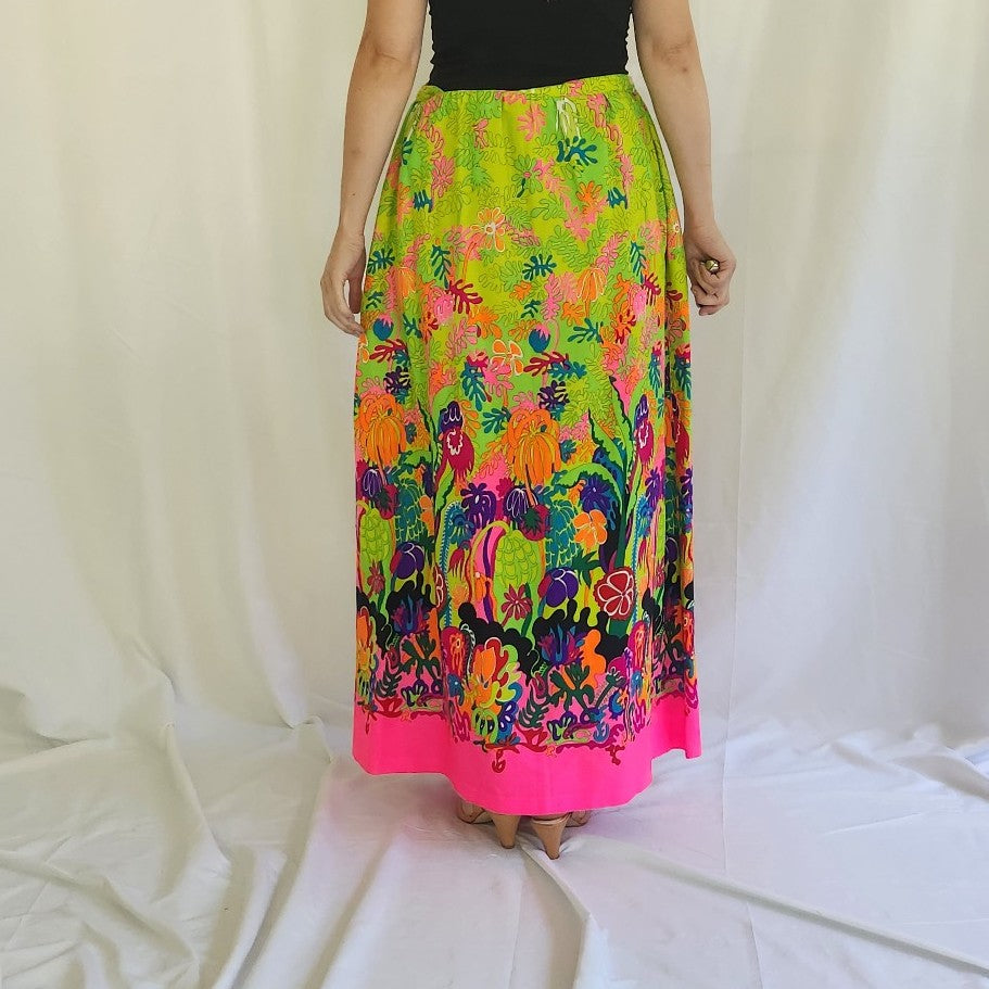 60s/70s Neon Flower Power Maxi Skirt