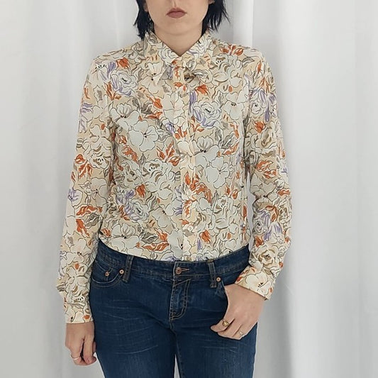 70s Kmart Tan, Orange, and Purple Floral Dagger Collar Shirt