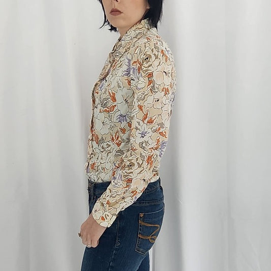 70s Kmart Tan, Orange, and Purple Floral Dagger Collar Shirt