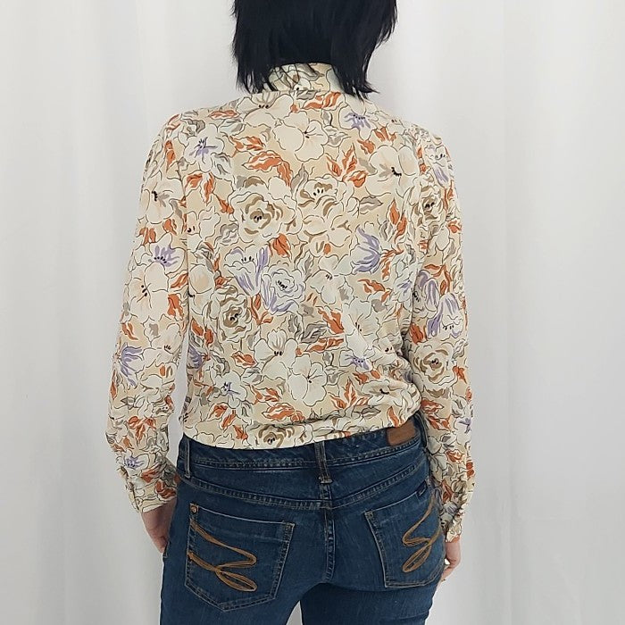 70s Kmart Tan, Orange, and Purple Floral Dagger Collar Shirt