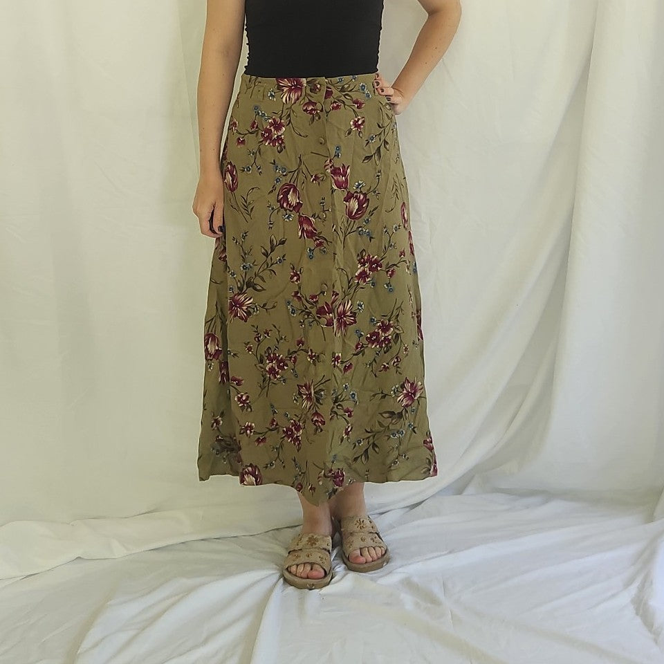 00s Green Floral Button Down Skirt