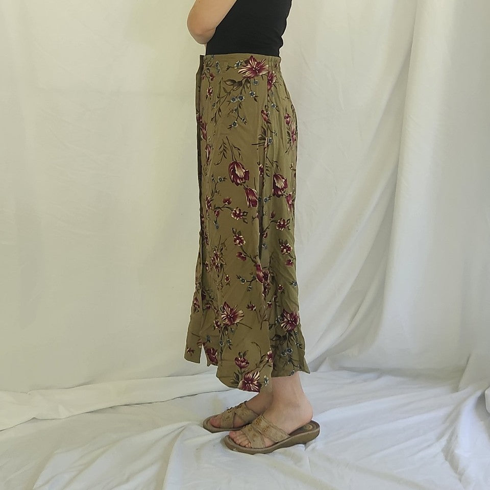 00s Green Floral Button Down Skirt
