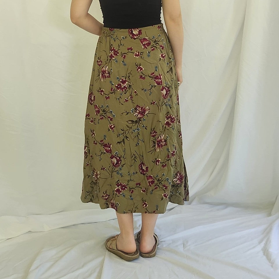 00s Green Floral Button Down Skirt