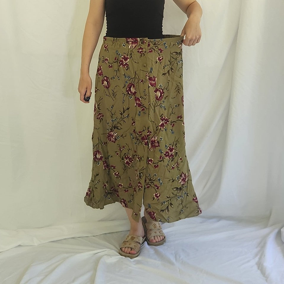 00s Green Floral Button Down Skirt