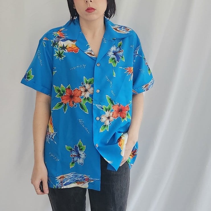 80s Blue and Orange Hawaiian Shirt