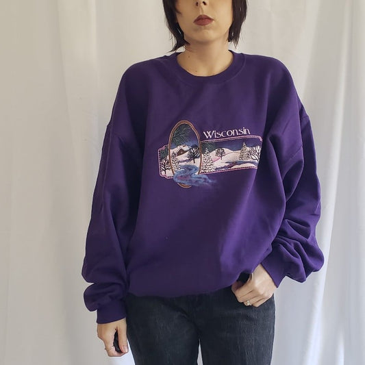 90s Snowy Wisconsin Purple Crew Neck Sweatshirt