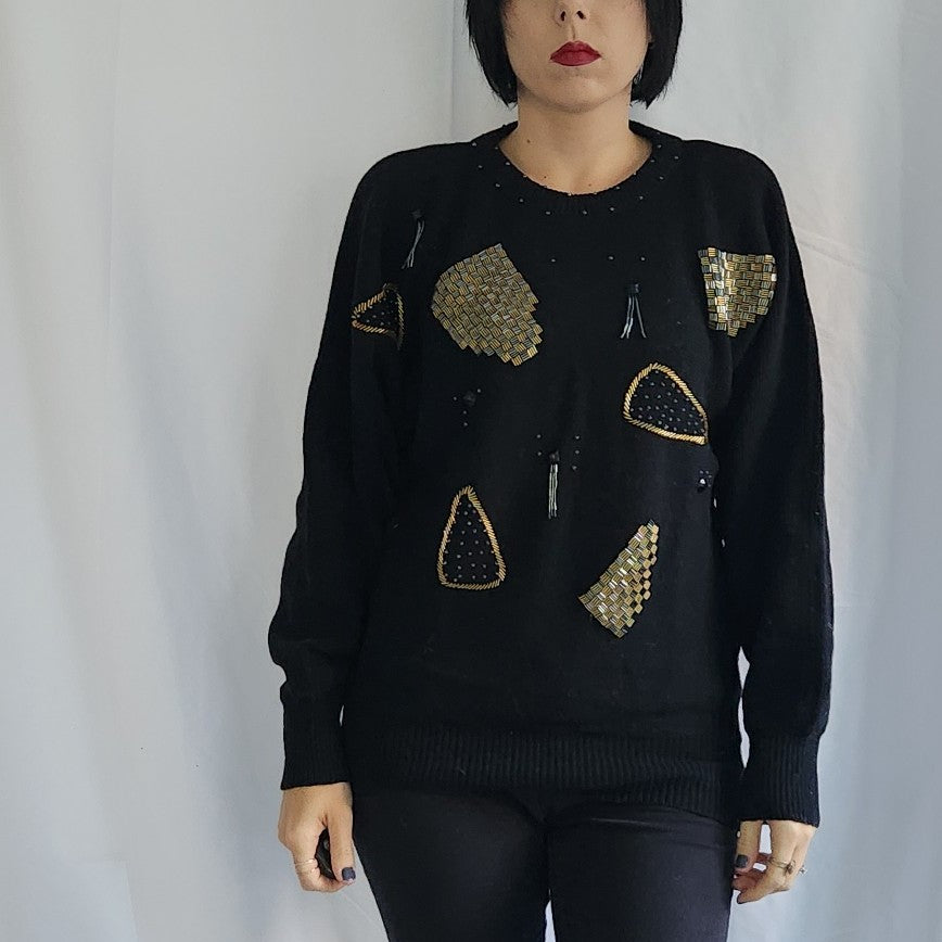 80s Black and Gold Beaded Sweater