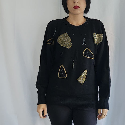 80s Black and Gold Beaded Sweater