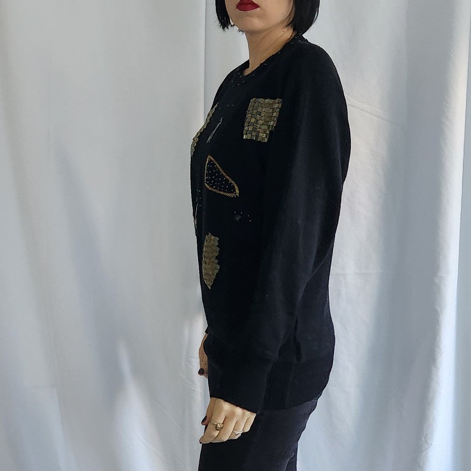 80s Black and Gold Beaded Sweater