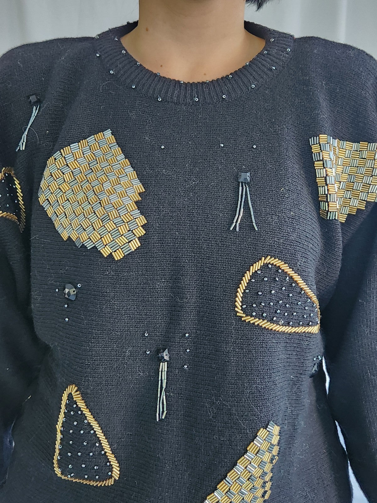 80s Black and Gold Beaded Sweater