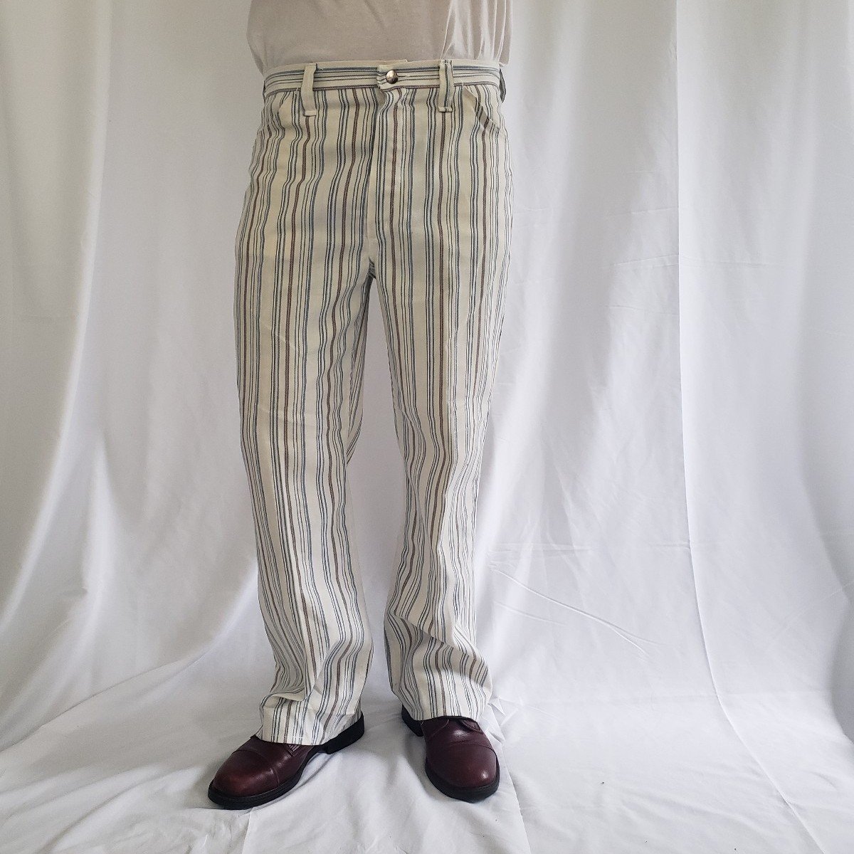 70s Wrangler White, Blue, and Orange Striped Pants