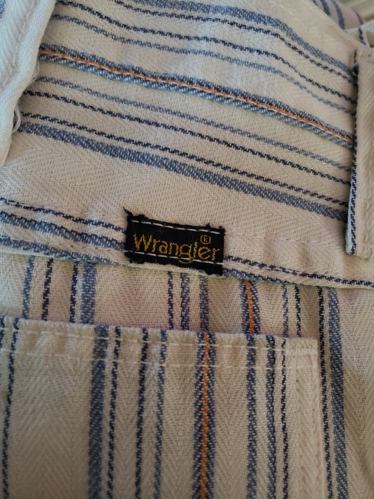 70s Wrangler White, Blue, and Orange Striped Pants