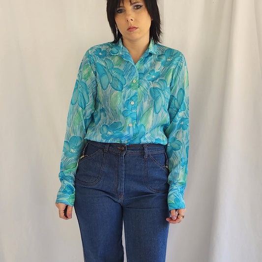 70s Blue and Green Floral Blouse