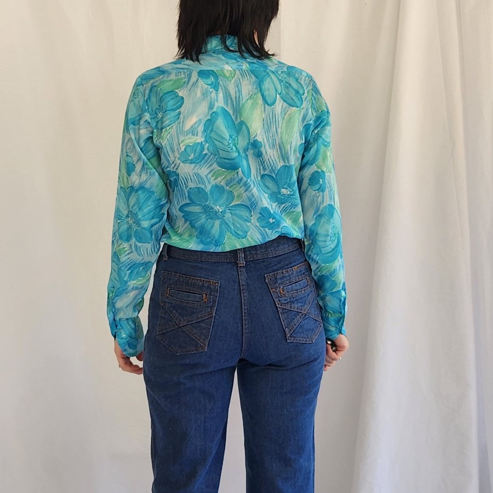 70s Blue and Green Floral Blouse