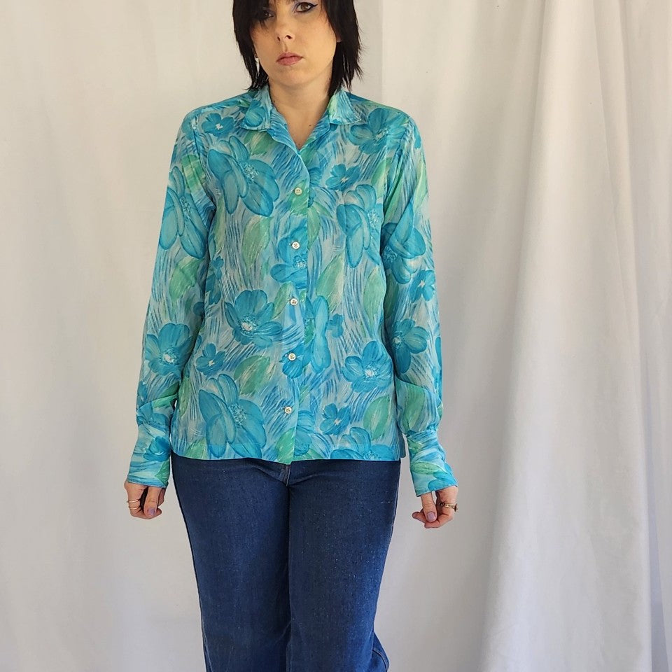 70s Blue and Green Floral Blouse